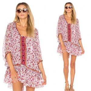 Poupette St Barth Women Pink Boho Ruffle Poncho Tiered Mini Dress, one size $300